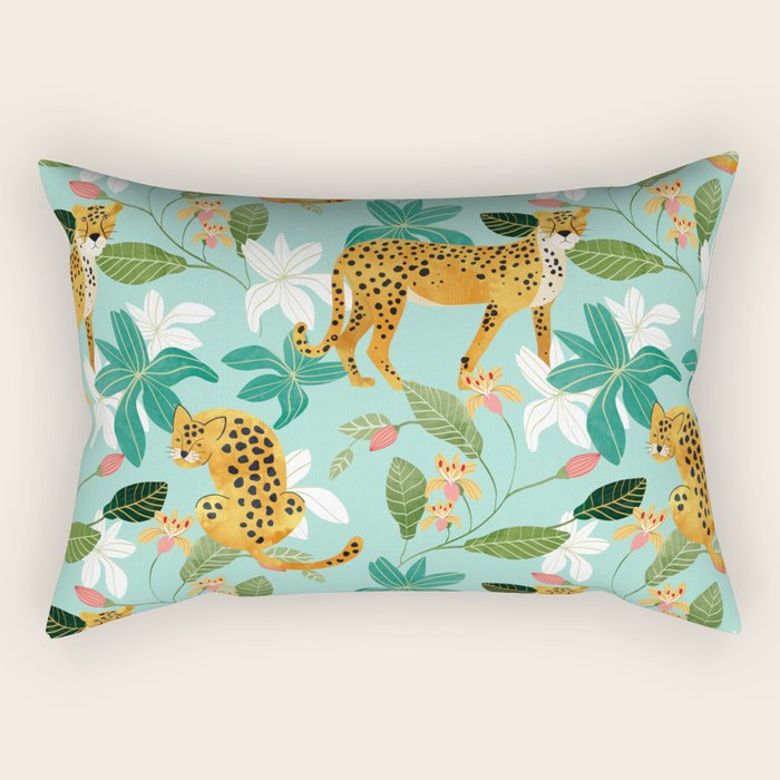 Cheetah Jungle, Wildlife Nature Wild Cats Tigers Leopard Botanical Animals Mint Quirky Illustration Rectangular Pillow Gallery Image 2