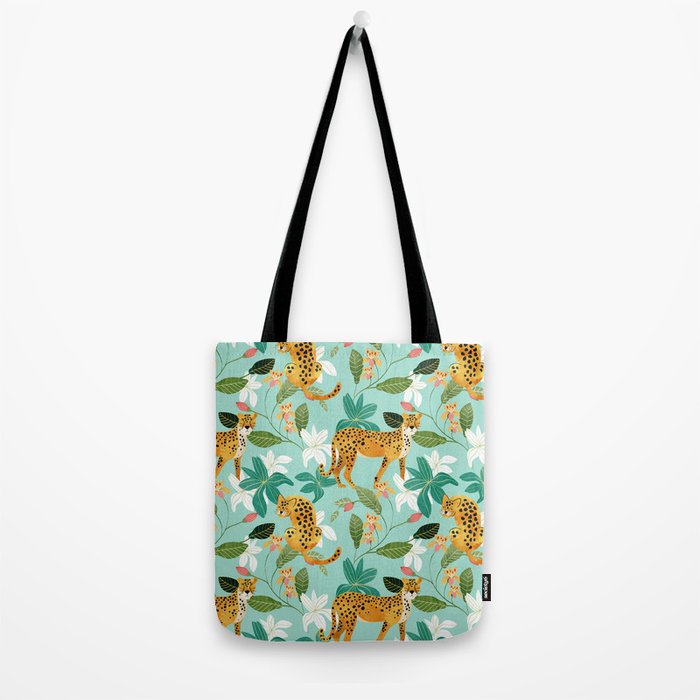 Cheetah Jungle, Wildlife Nature Wild Cats Tigers Leopard Botanical Animals Mint Quirky Illustration Tote Bag Gallery Image 2