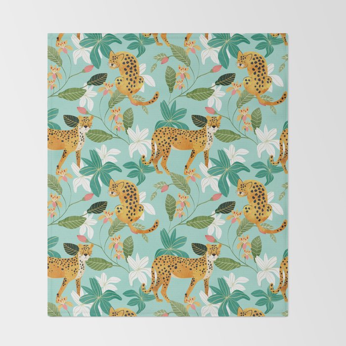 Cheetah Jungle, Wildlife Nature Wild Cats Tigers Leopard Botanical Animals Mint Quirky Illustration Throw Blanket Gallery Image 2