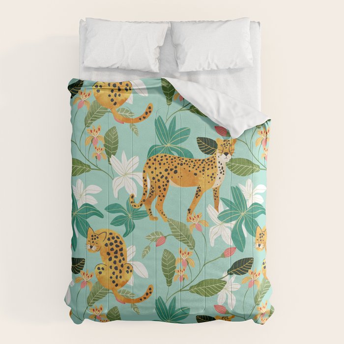 Cheetah Jungle, Wildlife Nature Wild Cats Tigers Leopard Botanical Animals Mint Quirky Illustration Comforter Gallery Image 6