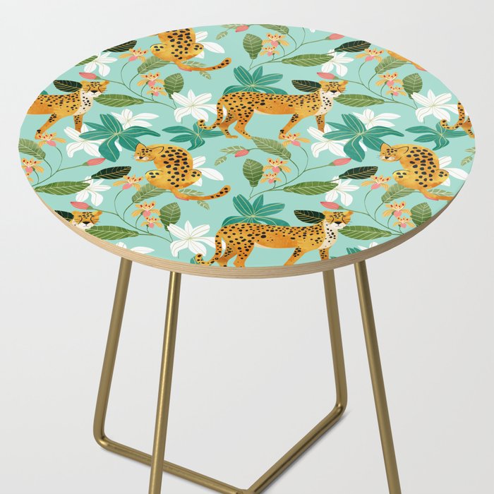 Cheetah Jungle, Wildlife Nature Wild Cats Tigers Leopard Botanical Animals Mint Quirky Illustration Side Table Gallery Image 2