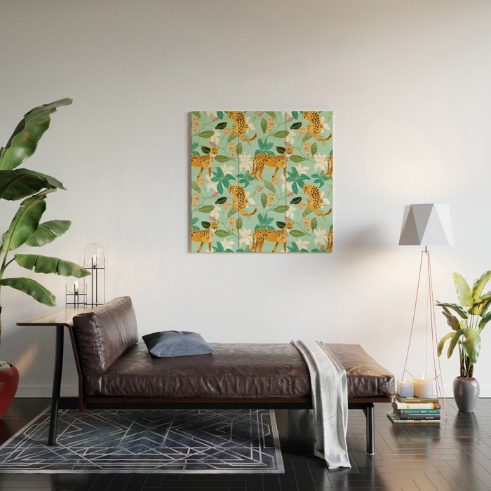Cheetah Jungle, Wildlife Nature Wild Cats Tigers Leopard Botanical Animals Mint Quirky Illustration Wood Wall Art Gallery Image 2