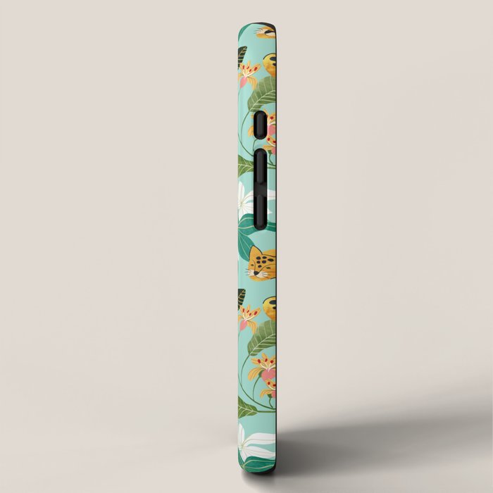 Cheetah Jungle, Wildlife Nature Wild Cats Tigers Leopard Botanical Animals Mint Quirky Illustration iPhone Case Gallery Image 2