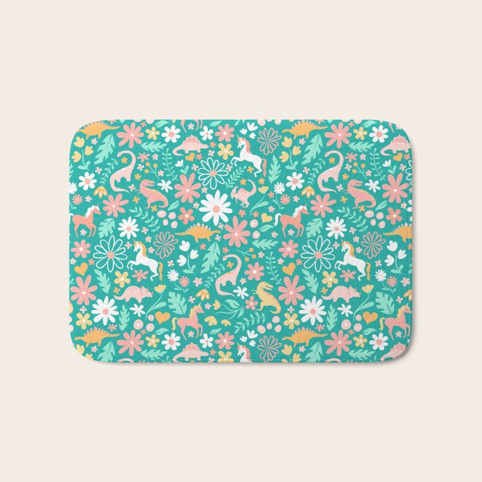 Dinosaurs + Unicorns on Teal Bath Mat Gallery Image 1