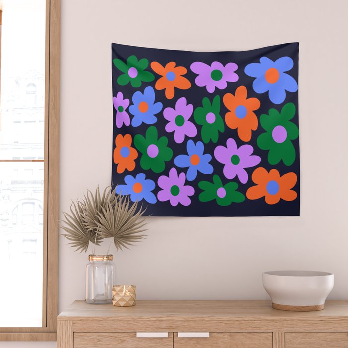 Retro Flowers: Midnight Black Edition Wall Tapestry Gallery Image 2