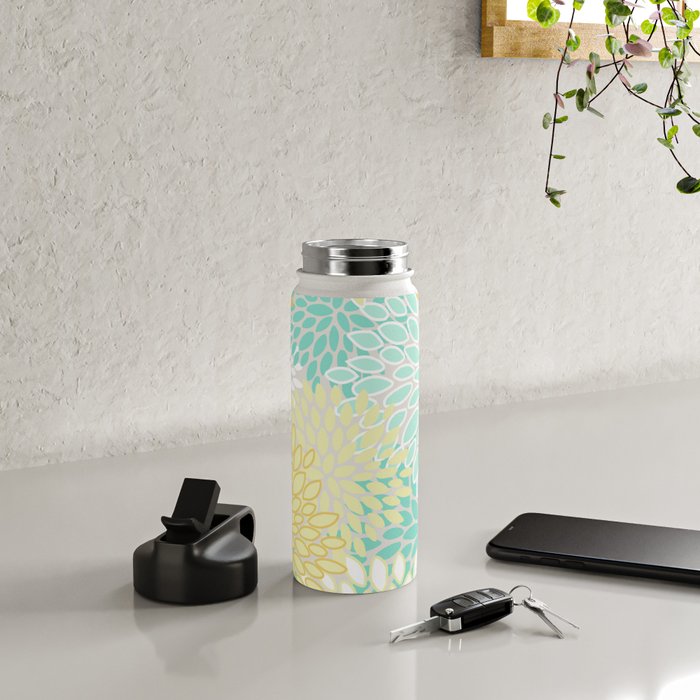 Floral Prints, Mint Green and Yellow, Modern Print Art Water Bottle Gallery Image 4