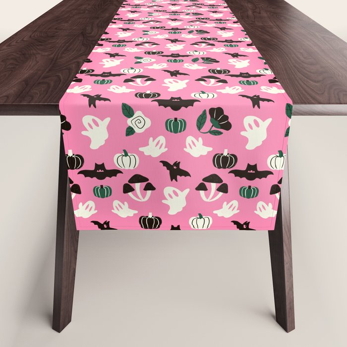 Pink Ghosts, Mushrooms, Bats, and Flowers Pattern Table Runner Gallery Image 1