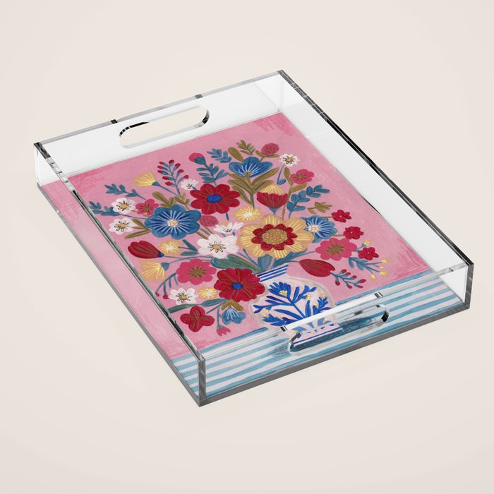 Still life Delft Blue Vase Bouquet Bright colours Acrylic Tray Gallery Image 1