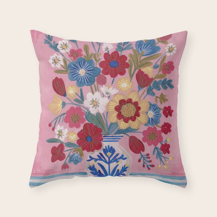 Still life Delft Blue Vase Bouquet Bright colours Throw Pillow Gallery Image 1