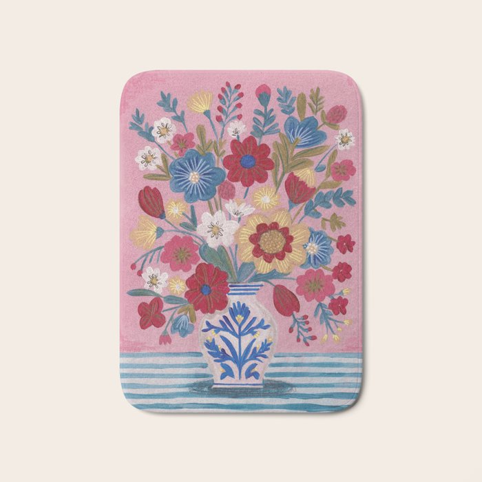 Still life Delft Blue Vase Bouquet Bright colours Bath Mat Gallery Image 1