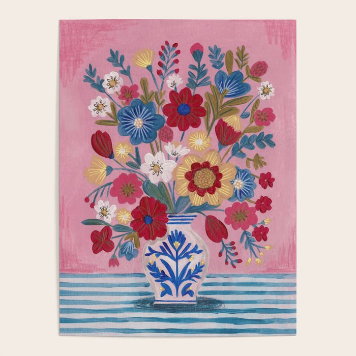 Still life Delft Blue Vase Bouquet Bright colours Poster Gallery Image 1