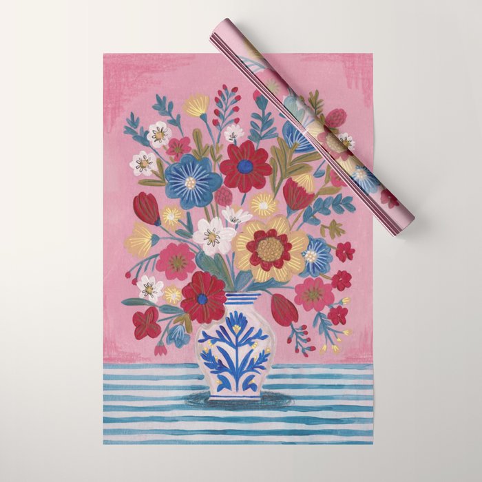 Still life Delft Blue Vase Bouquet Bright colours Wrapping Paper Gallery Image 1