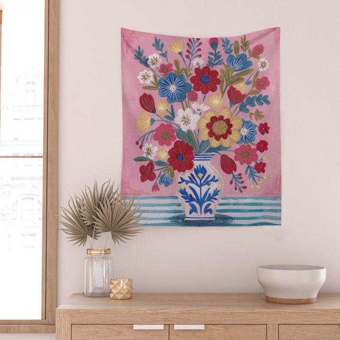 Still life Delft Blue Vase Bouquet Bright colours Wall Tapestry Gallery Image 2