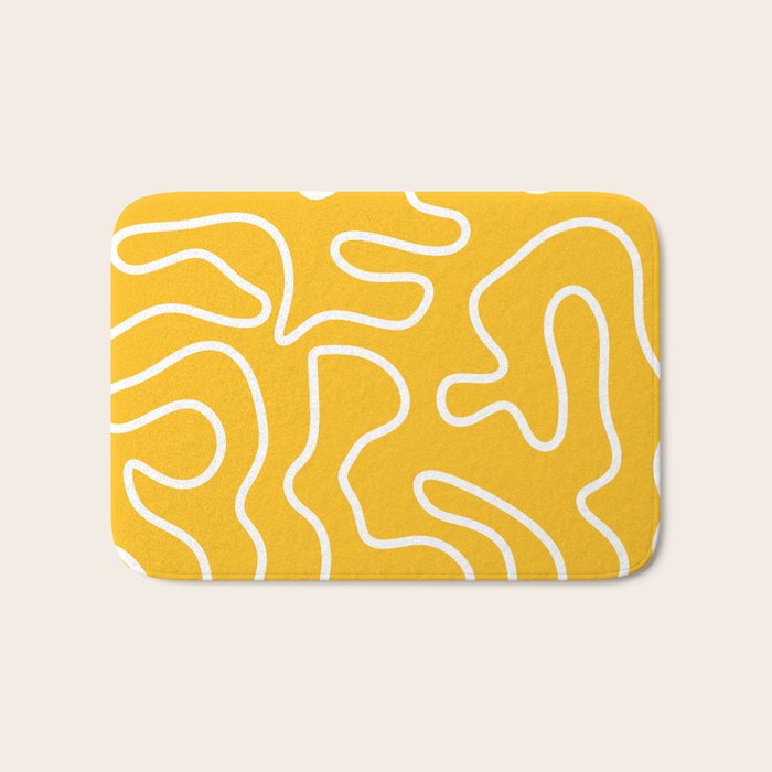 Squiggle Maze Minimalist Abstract Pattern in Yellow Mustard and White Bath Mat Gallery Image 1