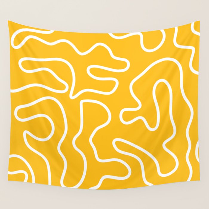Squiggle Maze Minimalist Abstract Pattern in Yellow Mustard and White Wall Tapestry Gallery Image 4