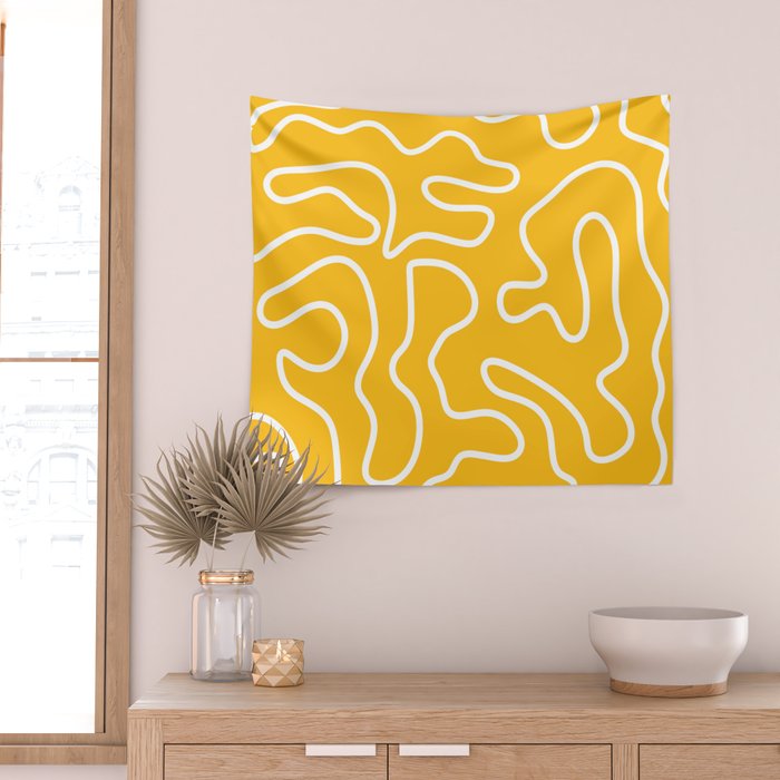 Squiggle Maze Minimalist Abstract Pattern in Yellow Mustard and White Wall Tapestry Gallery Image 2