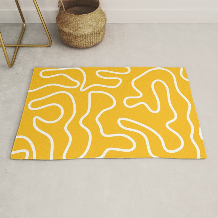 Squiggle Maze Minimalist Abstract Pattern in Yellow Mustard and White Rug Gallery Image 1