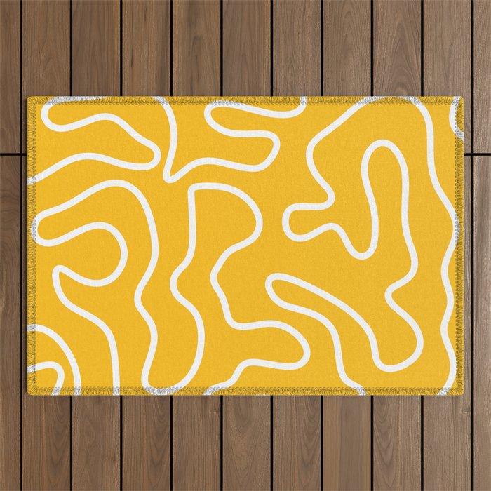 Squiggle Maze Minimalist Abstract Pattern in Yellow Mustard and White Outdoor Rug Gallery Image 1