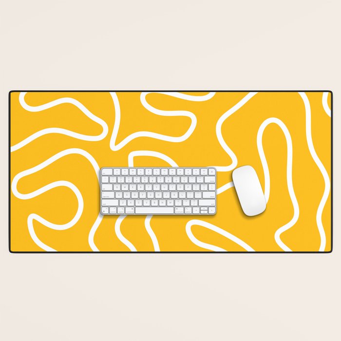 Squiggle Maze Minimalist Abstract Pattern in Yellow Mustard and White Desk Mat Gallery Image 1