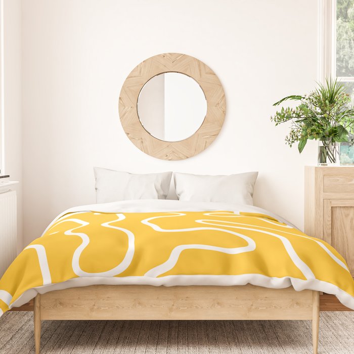 Squiggle Maze Minimalist Abstract Pattern in Yellow Mustard and White Duvet Cover Gallery Image 3
