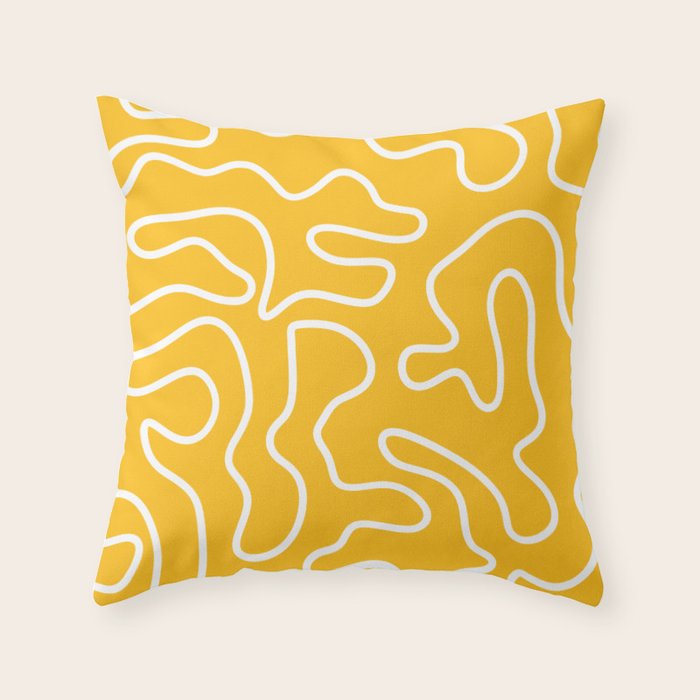 Squiggle Maze Minimalist Abstract Pattern in Yellow Mustard and White Throw Pillow Gallery Image 1