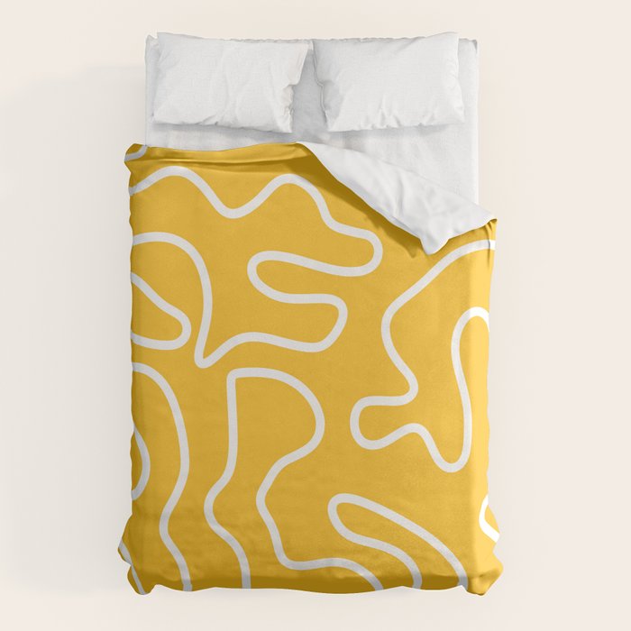 Squiggle Maze Minimalist Abstract Pattern in Yellow Mustard and White Duvet Cover Gallery Image 6