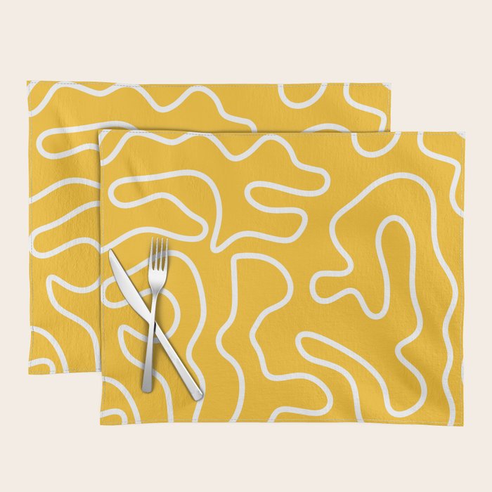 Squiggle Maze Minimalist Abstract Pattern in Yellow Mustard and White Placemat Gallery Image 1