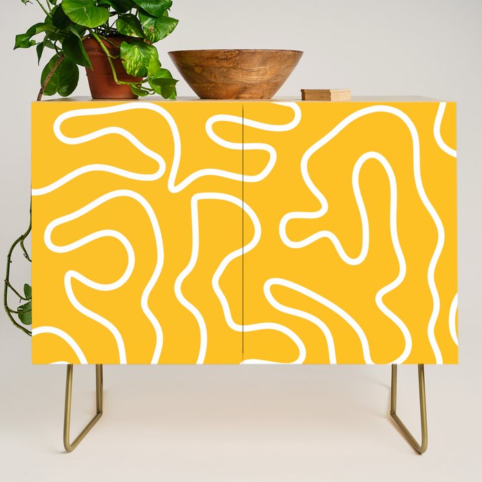 Squiggle Maze Minimalist Abstract Pattern in Yellow Mustard and White Credenza Gallery Image 1
