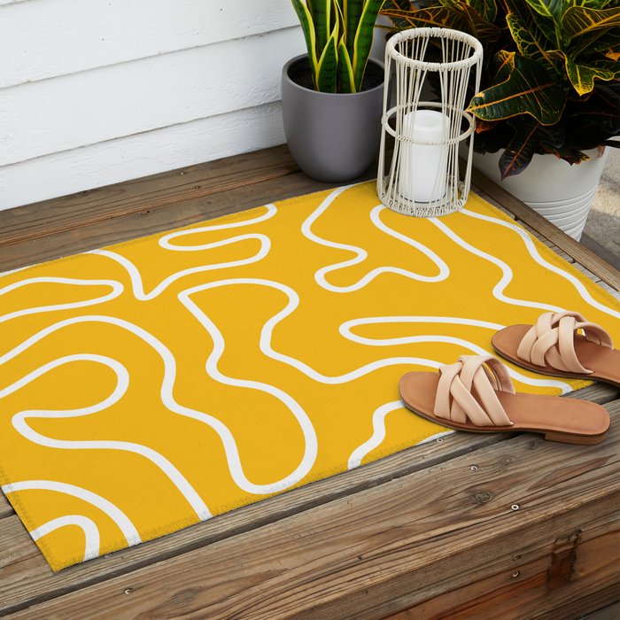 Squiggle Maze Minimalist Abstract Pattern in Yellow Mustard and White Outdoor Rug Gallery Image 2
