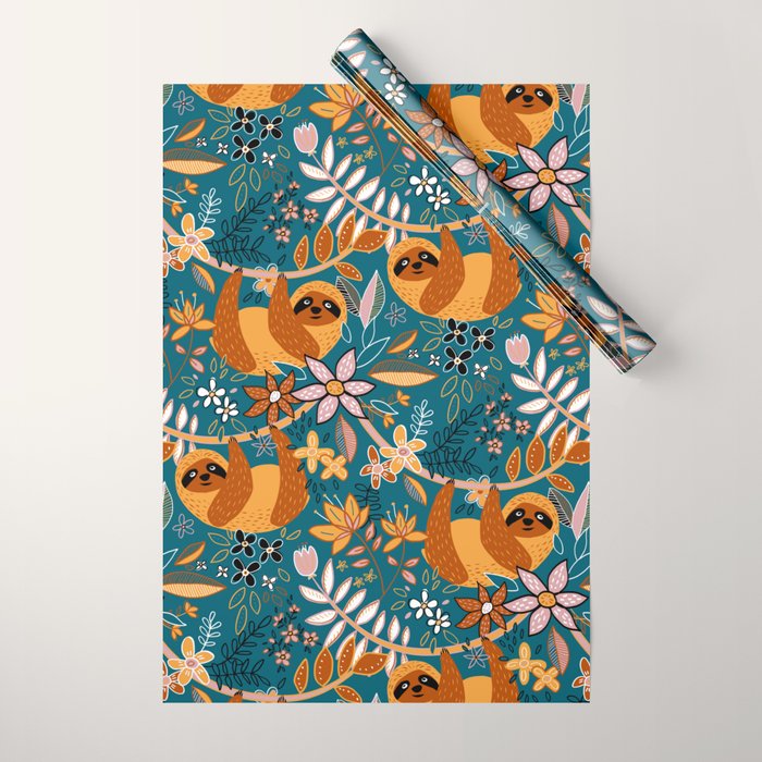 Happy Boho Sloth Floral Wrapping Paper Gallery Image 1