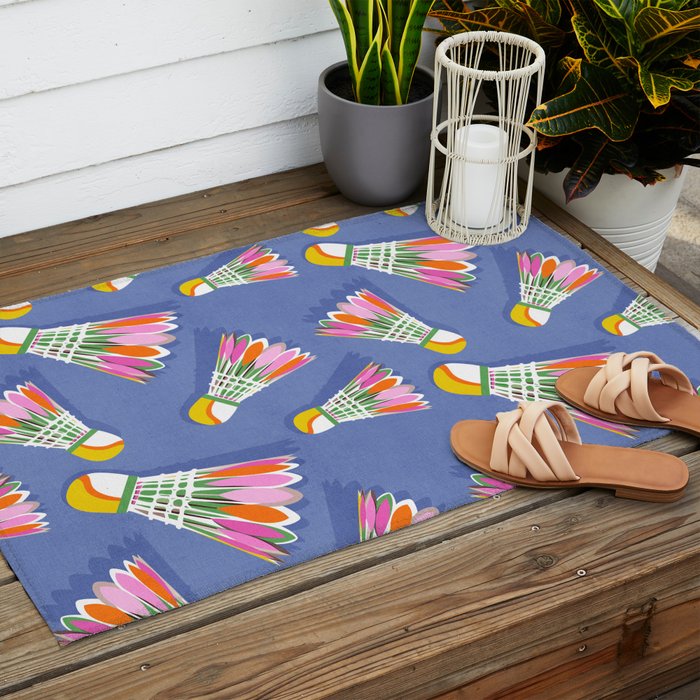 Badminton Birdie Pop Art court sport pattern on cobalt blue Outdoor Rug Gallery Image 2
