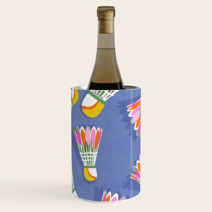 Badminton Birdie Pop Art court sport pattern on cobalt blue Wine Chiller Gallery Image 3