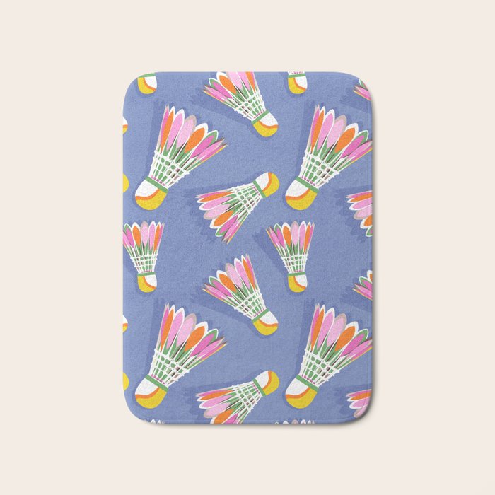 Badminton Birdie Pop Art court sport pattern on cobalt blue Bath Mat Gallery Image 1