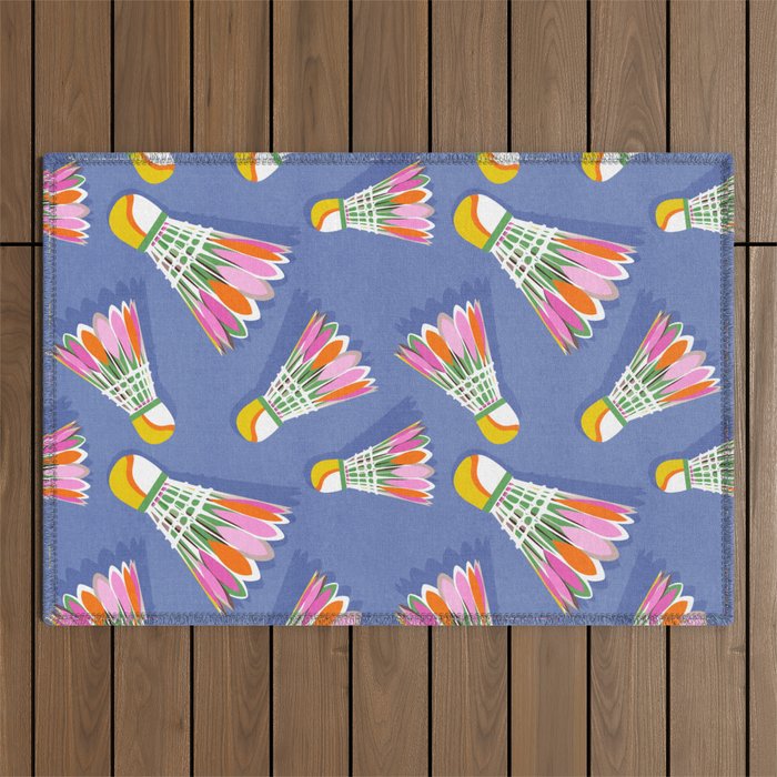 Badminton Birdie Pop Art court sport pattern on cobalt blue Outdoor Rug Gallery Image 1