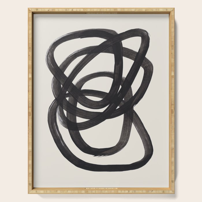 Mid Century Modern Minimalist Abstract Art Brush Strokes Black & White Ink Art Spiral Circles Serving Tray Gallery Image 1