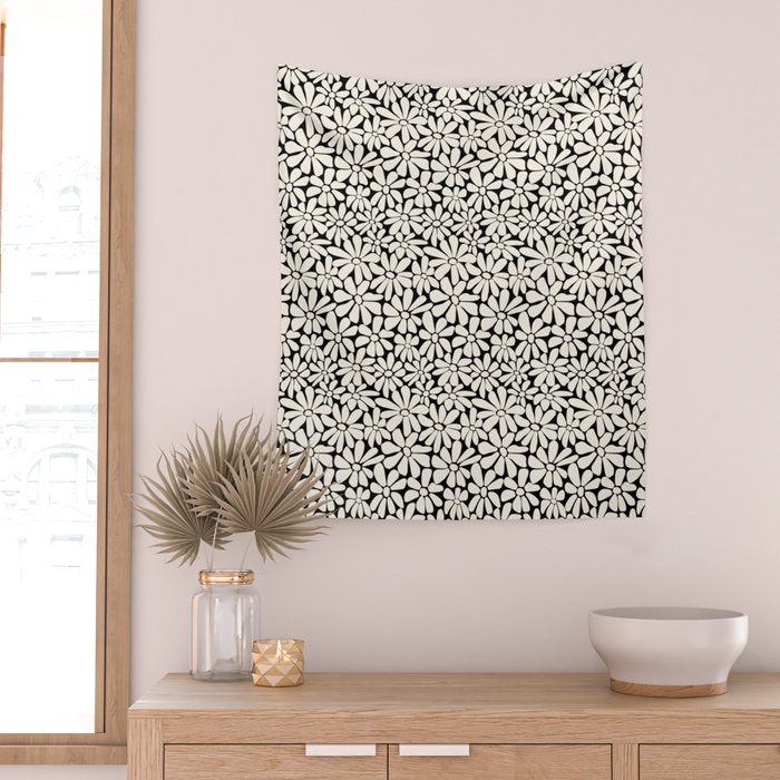 Black and White Retro Floral 2 Wall Tapestry Gallery Image 2