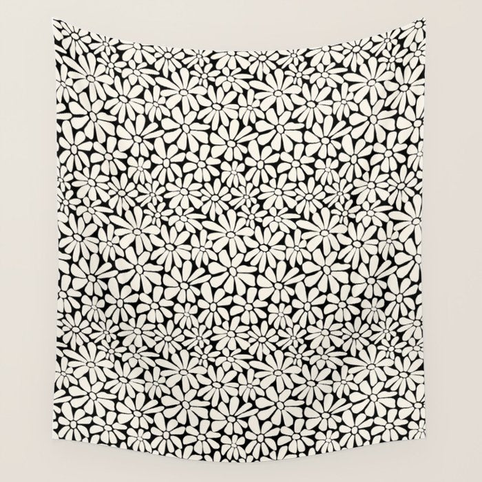 Black and White Retro Floral 2 Wall Tapestry Gallery Image 1