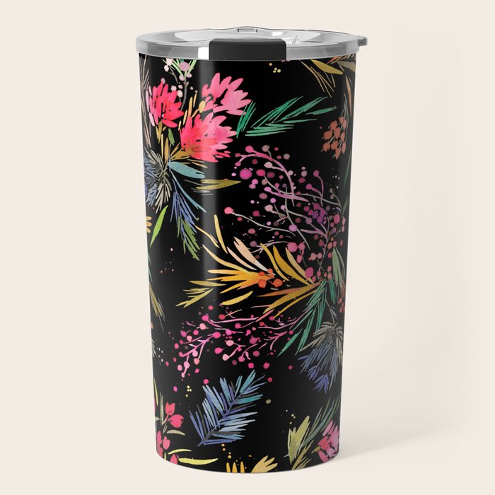 Holiday 2025 Festive Floral Foliage Colorful Dark Travel Mug Gallery Image 1