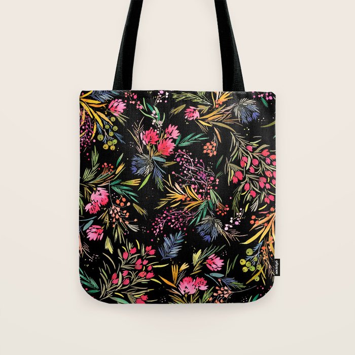 Holiday 2025 Festive Floral Foliage Colorful Dark Tote Bag Gallery Image 1