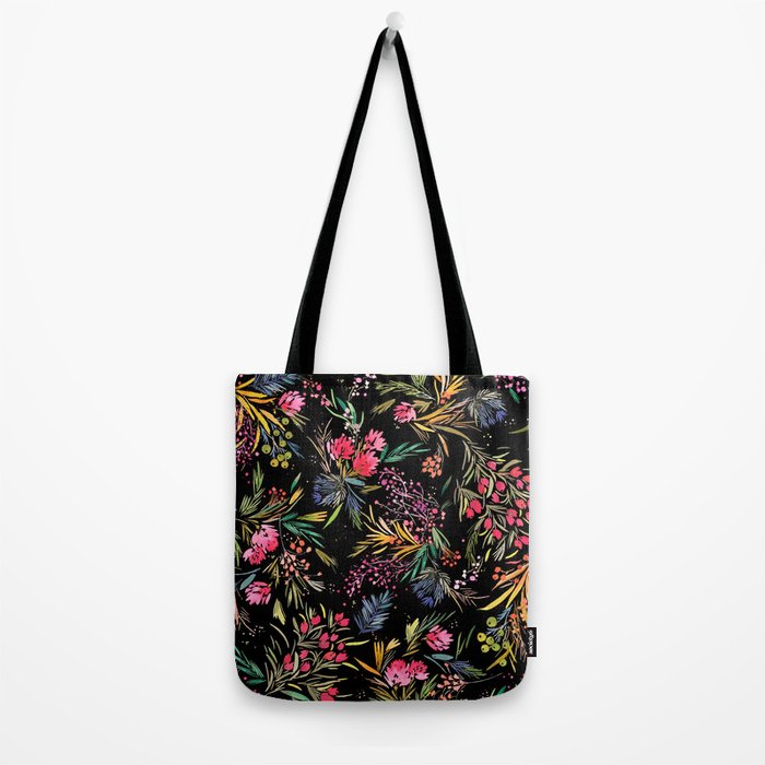 Holiday 2025 Festive Floral Foliage Colorful Dark Tote Bag Gallery Image 2