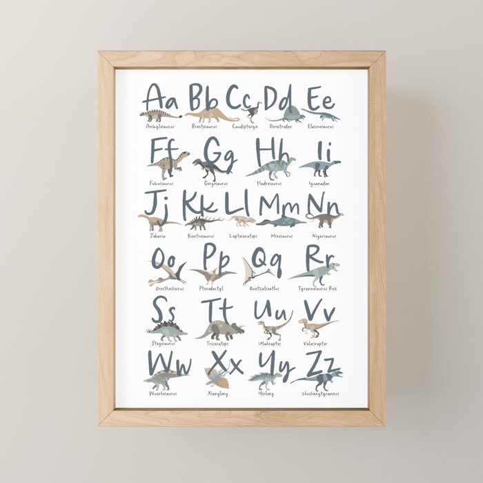 Dinosaur alphabet in muted shades of blue, grey and green Mini Art Print Gallery Image 1