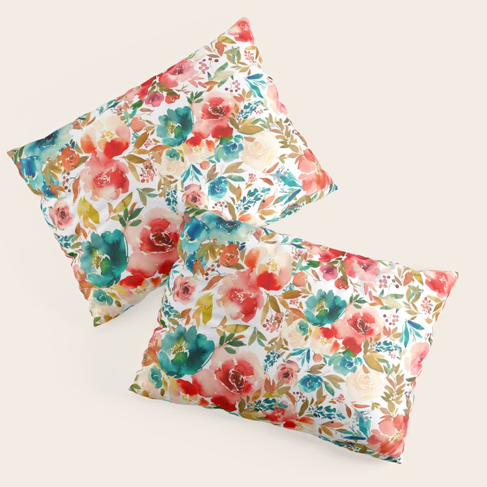 Red Turquoise Teal Floral Watercolor Pillow Sham Gallery Image 1