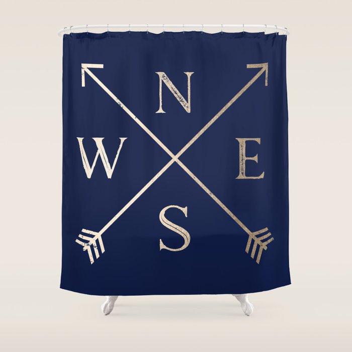 Gold on Navy Blue Compass Shower Curtain Gallery Image 1