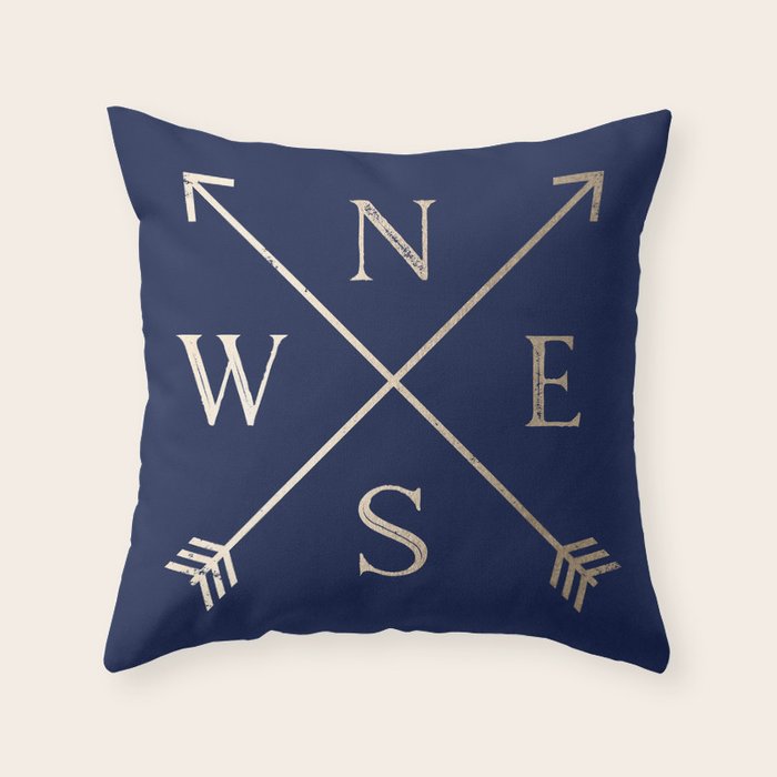 Gold on Navy Blue Compass Throw Pillow Gallery Image 1