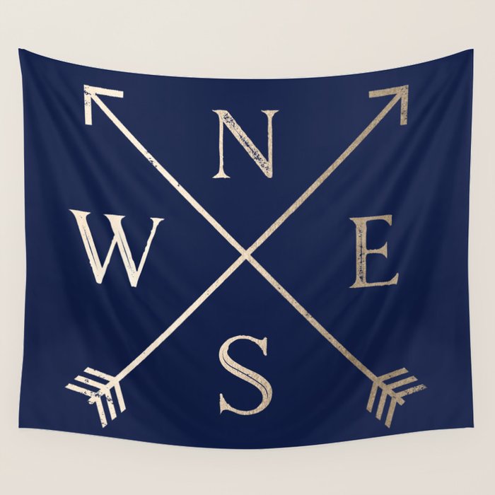 Gold on Navy Blue Compass Wall Tapestry Gallery Image 1