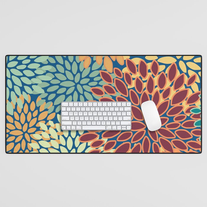 Festive Floral Prints, Red, Teal, Yellow, Orange, Colourful Prints Desk Mat Gallery Image 1
