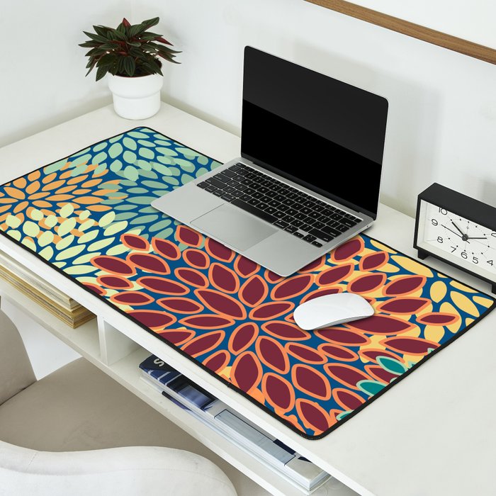 Festive Floral Prints, Red, Teal, Yellow, Orange, Colourful Prints Desk Mat Gallery Image 2