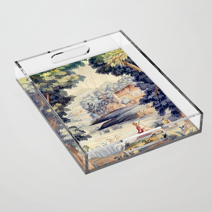 Antique 18th Century French Aubusson Pastoral River Tapestry Acrylic Tray Gallery Image 1
