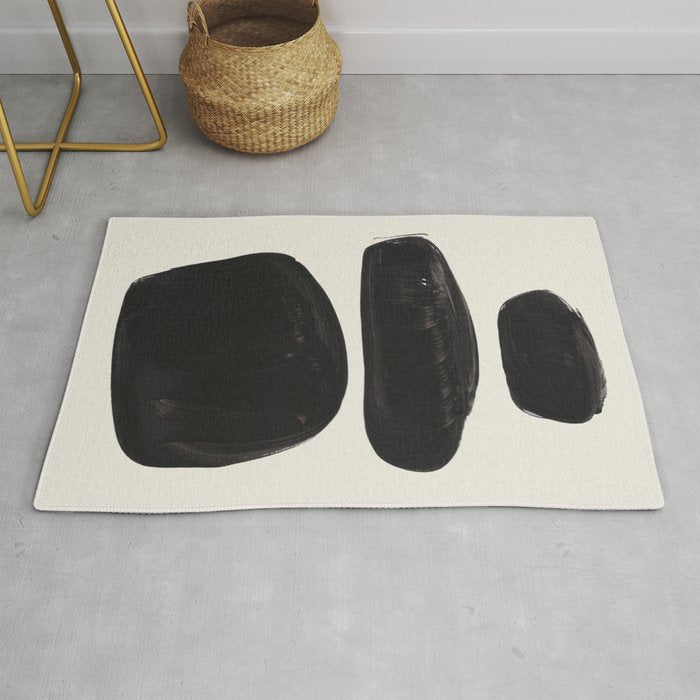 Mid Century Modern Minimalist Abstract Art Brush Strokes Black & White Ink Art Tribal Pebbles Rug Gallery Image 1