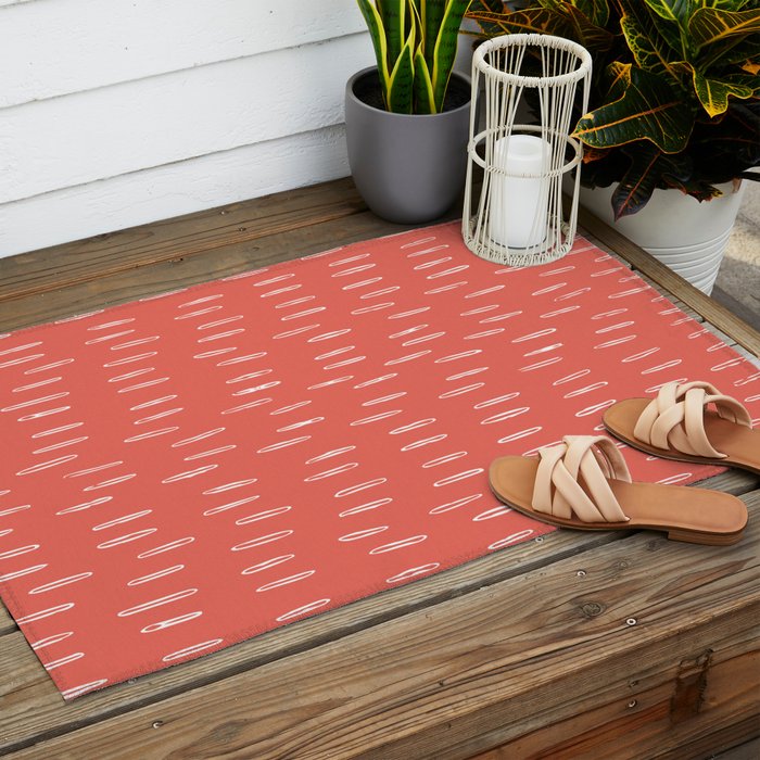 Boho, Raindrop, Mudcloth, Coral Outdoor Rug Gallery Image 2